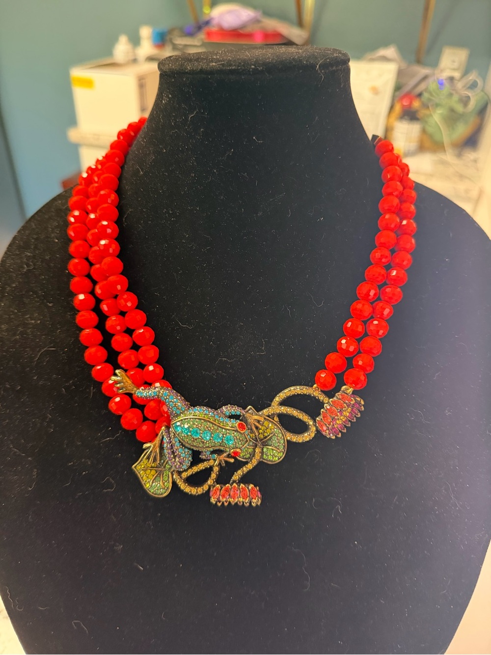 Heidi Daus Red Beaded Necklace with Multicolor Frog Pendant